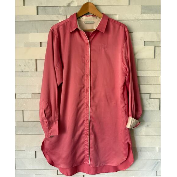 NATORISilky Satin Long Sleeve Button Front Sleep Night Shirt Gown S Coral pink